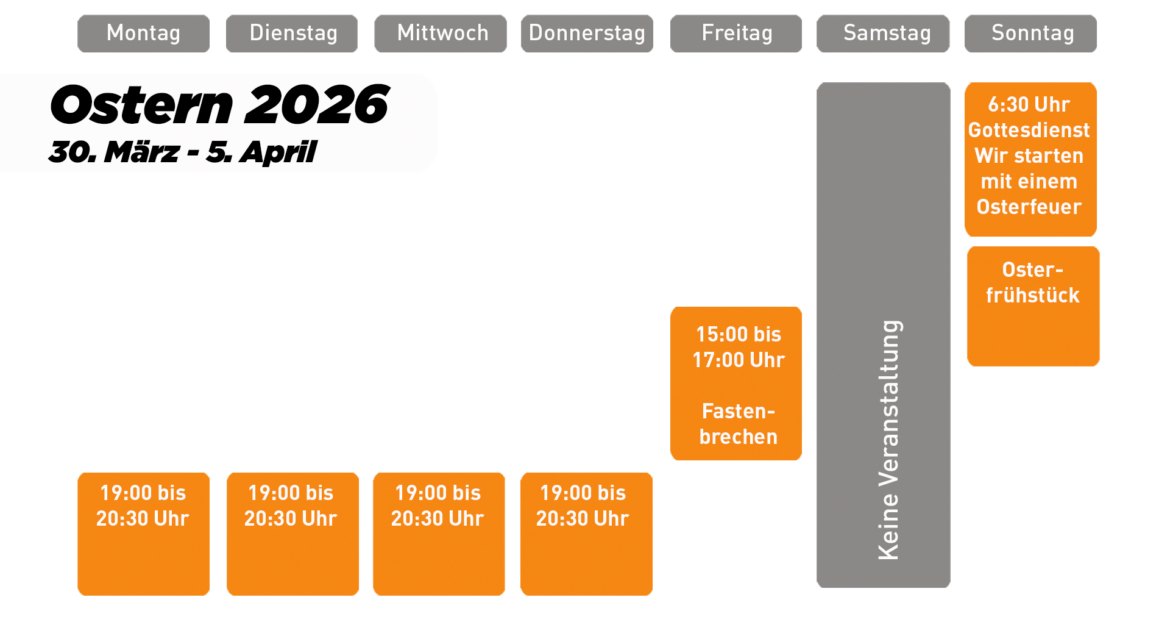 christusgemeinde-ga- Zeitplan für Ostern 2026 mit täglichen Veranstaltungen vom 30. März bis zum 5. April, mit besonderen Aktivitäten am Samstag und Sonntag, einschließlich eines Gottesdienstes und eines Frühstücks.